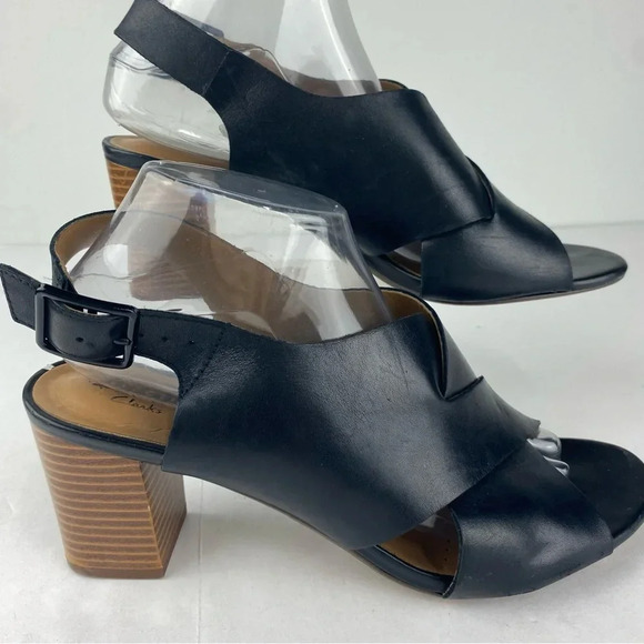 Clarks Shoes - Clarks Collection Womens 9.5 Black Leather Deva Janie Open Toe Heeled Sandals